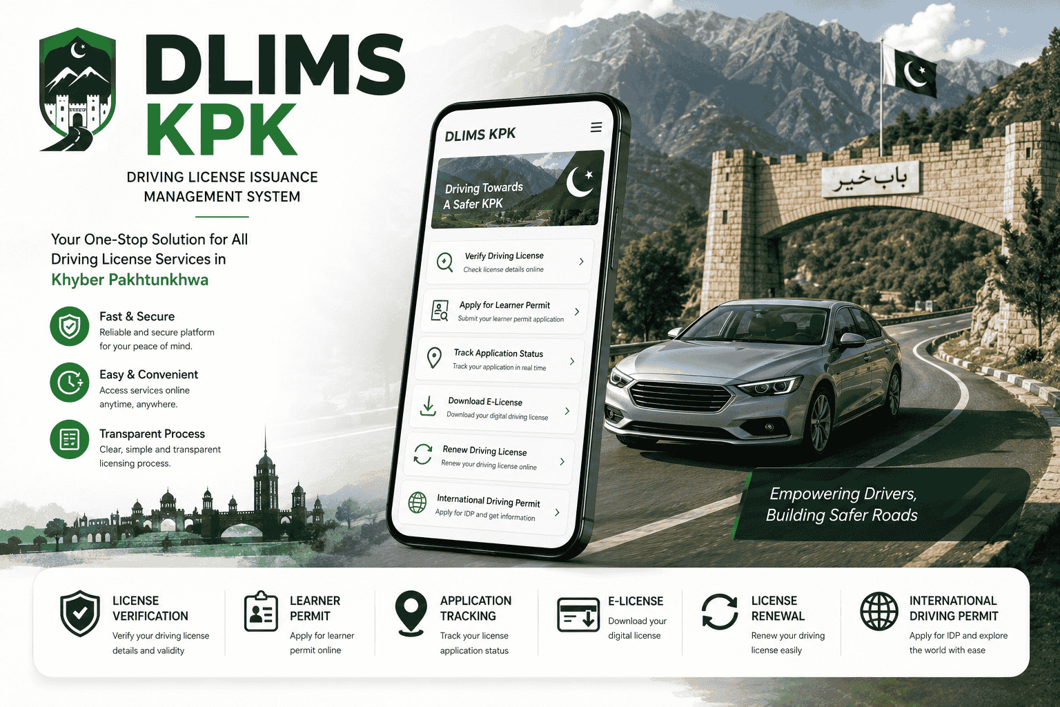 DLIMS KPK online driving license services portal showing license verification, learner permit application, application tracking, e-license download, license renewal, and international driving permit services in Khyber Pakhtunkhwa, Pakistan