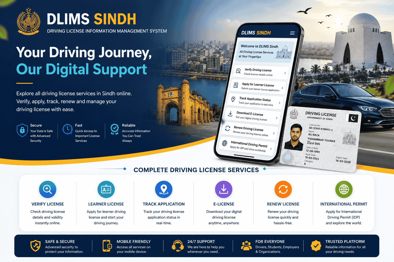 DLIMS Sindh online driving license services portal featuring driving license verification, learner permit information, license renewal, duplicate license services, and international driving permit guidance in Sindh, Pakistan.
